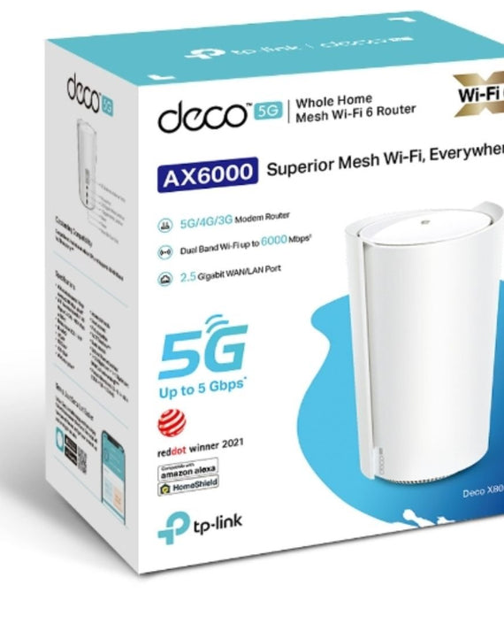 TP-Link Deco X80-5G(1-pack) 5G AX6000 Whole Home Wi-Fi 6 Gateway, 4804Mbps at 5 GHz + 1148Mbps at 2.4 GHz, 5G 5Gbps/900Mbps, 4G+ Cat20 2Gbps/200Mbps - Leader Electronics