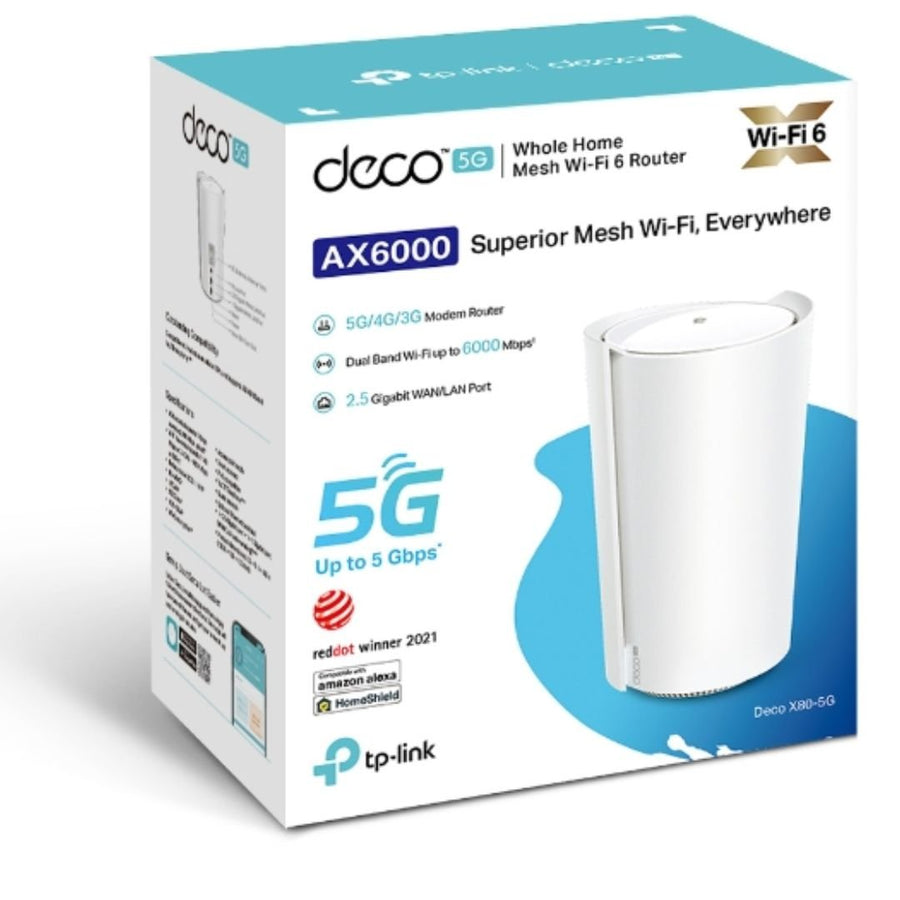 TP-Link Deco X80-5G(1-pack) 5G AX6000 Whole Home Wi-Fi 6 Gateway, 4804Mbps at 5 GHz + 1148Mbps at 2.4 GHz, 5G 5Gbps/900Mbps, 4G+ Cat20 2Gbps/200Mbps - Leader Electronics