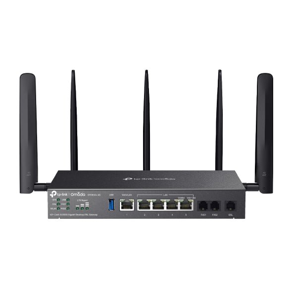 TP-Link DR3650v-4G Omada 4G+ Cat6 AX3000 Wi-Fi 6 Gigabit Desktop DSL Gateway, 574Mbps@2.4GHz + 2402Mbps@5GHz(HE160), VDSL2 350 350/60, VoIP - Leader Electronics