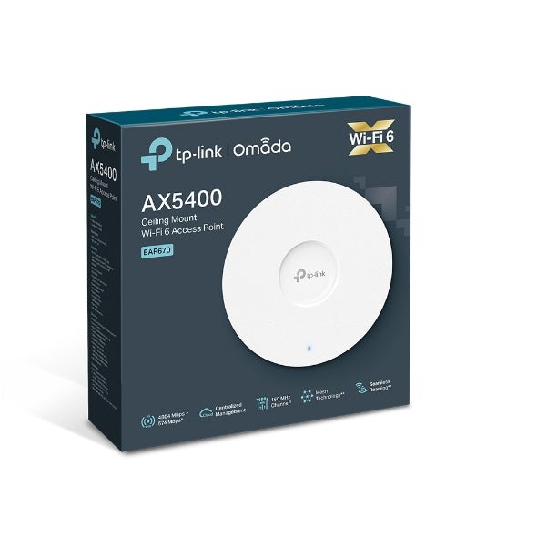 TP-Link EAP670 AX5400 Ceiling Mount WiFi 6 Access Point, 574 Mbps 2.4 GHz and 4804 Mbps 5 GHz, (RJ-45), Omada Cloud Management, Seamless Roaming - Leader Electronics