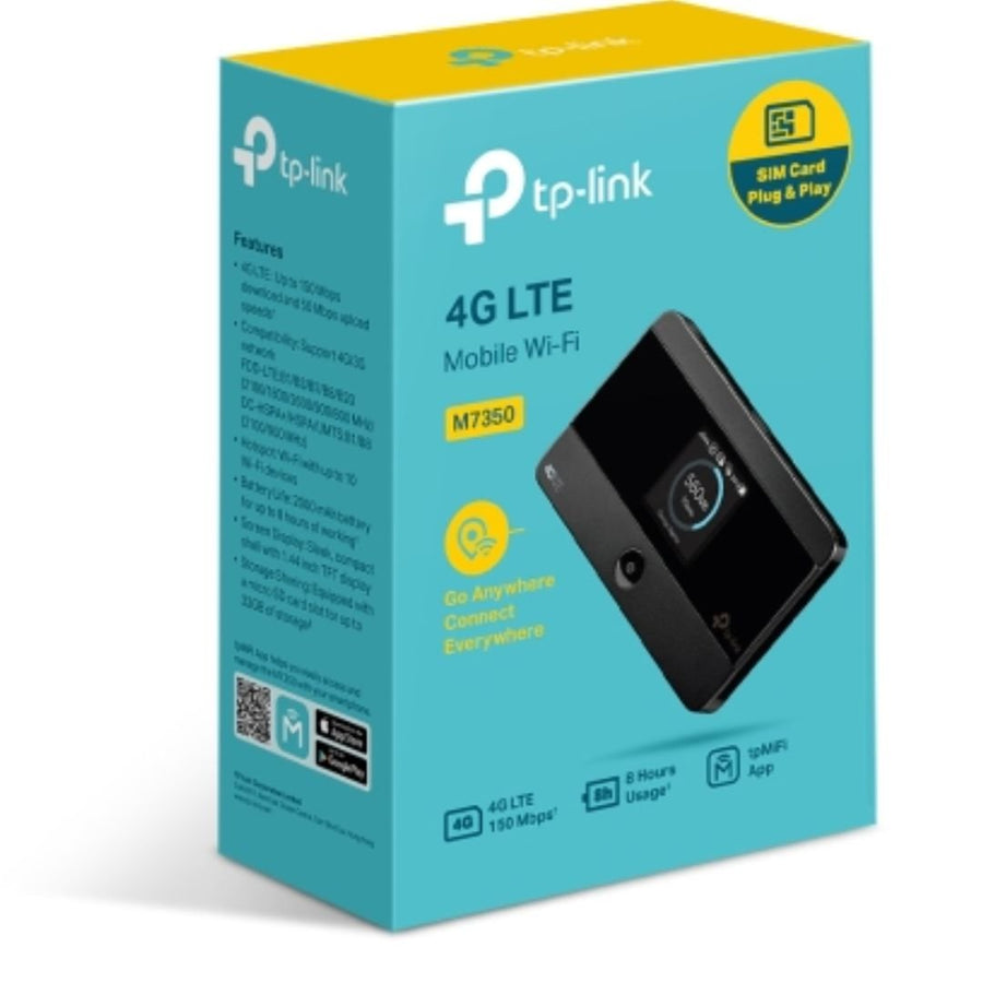TP-Link M7350 4G-LTE Mobile Wi-Fi 150Mbps DL 50Mbps UL 4G SIM Card + microSD Slot 2000mAh 8hrs Rechargeable Battery for 10 Devices iOS/Android App - Leader Electronics