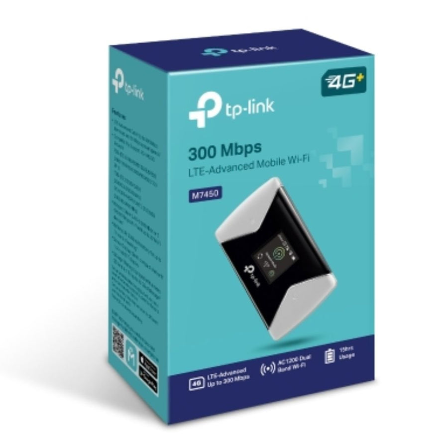 TP-Link M7450 4G-LTE Mobile Wi-Fi 300Mbps DL 50Mbps UL 4G SIM Card + microSD Slot 3000mAh 15hrs Rechargeable Battery for 32 Devices iOS/Android App - Leader Electronics