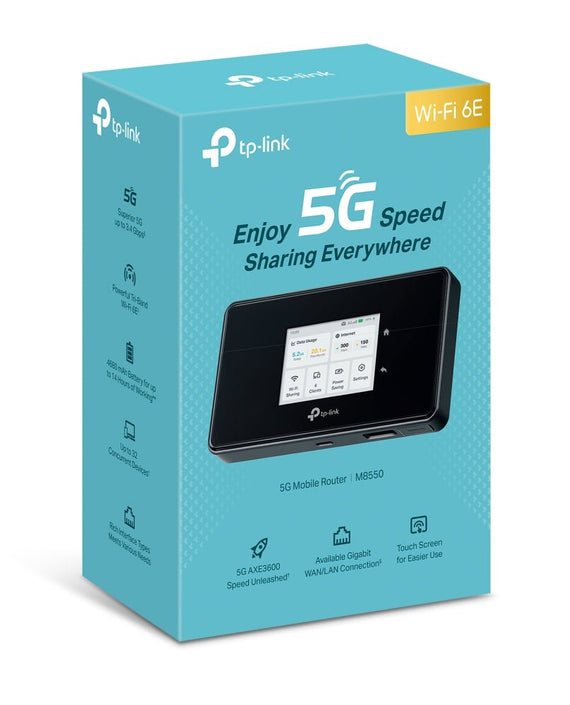 TP-Link M8550 5G Mobile Wi-Fi, 2880 Mbps at 6 GHz or 2880 Mbps at 5 GHz 688 Mbps at 2.4 GHz, 5G 3.4Gbps/900Mbps, 4G Cat19 1.6Gbps/2 - Leader Electronics