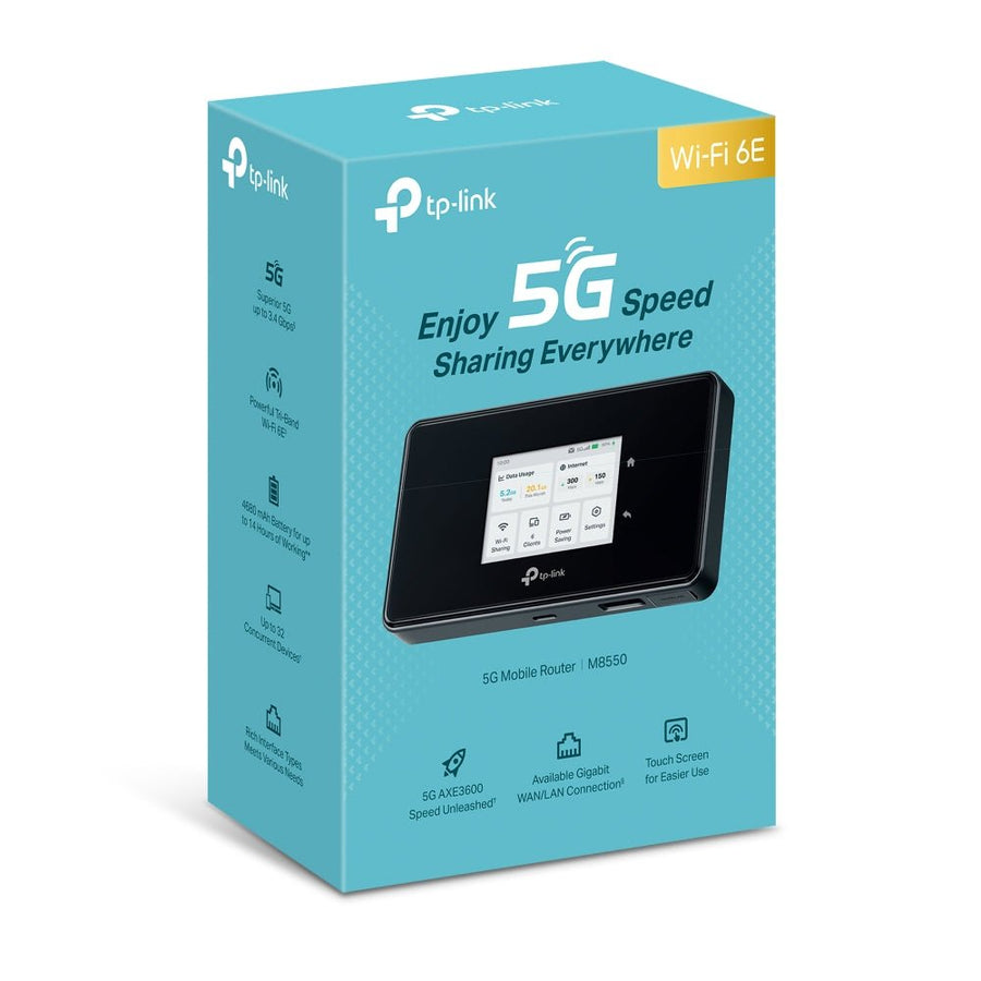 TP-Link M8550 5G Mobile Wi-Fi, 2880 Mbps at 6 GHz or 2880 Mbps at 5 GHz 688 Mbps at 2.4 GHz, 5G 3.4Gbps/900Mbps, 4G Cat19 1.6Gbps/2 - Leader Electronics