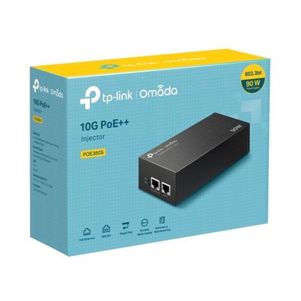 TP-Link POE380S Omada 10G PoE++ Injector PORT: 1× 10Gbps PoE Port, 1× 10Gbps Non-PoE Port, SPEC: 802.3bt/at/af Compliant, 90 W PoE Power, Data and Pow - Leader Electronics