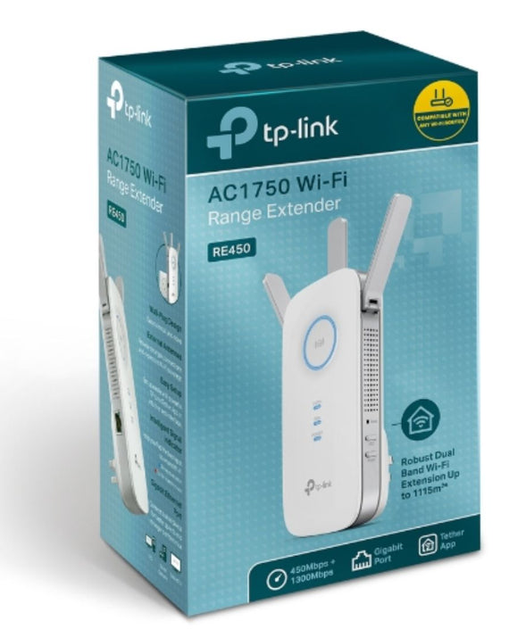 TP-Link RE450 AC1750 1750Mbps Wi-Fi Range Extender 450Mbps@2.4GHz 1300Mbps@5GHz 1Gbps LAN Port 3xAntennas ~RE580D RE590T - Leader Electronics