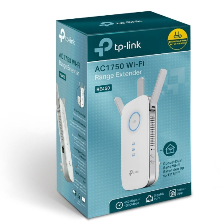 TP-Link RE450 AC1750 1750Mbps Wi-Fi Range Extender 450Mbps@2.4GHz 1300Mbps@5GHz 1Gbps LAN Port 3xAntennas ~RE580D RE590T - Leader Electronics