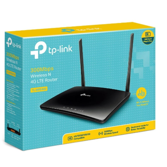 TP-Link TL-MR6400 N300 Wireless N 3G/4G-LTE Router 2.4GHz (300Mbps) 802.11bgn 3x100Mbps LAN 1x 100Mbps 4G SIM Slot, Band5&Band28 - Leader Electronics