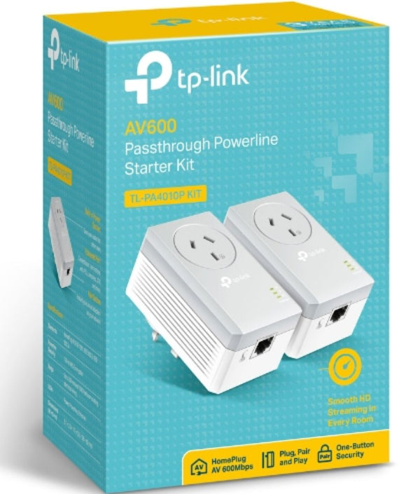 TP-Link TL-PA4010P KIT AV600 Powerline Adapter with AC Pass Through Starter Kit 600Mbps HomePlug AV 1x100Mbps LAN Power Socket 300m ~TL-PA4016P KIT - Leader Electronics