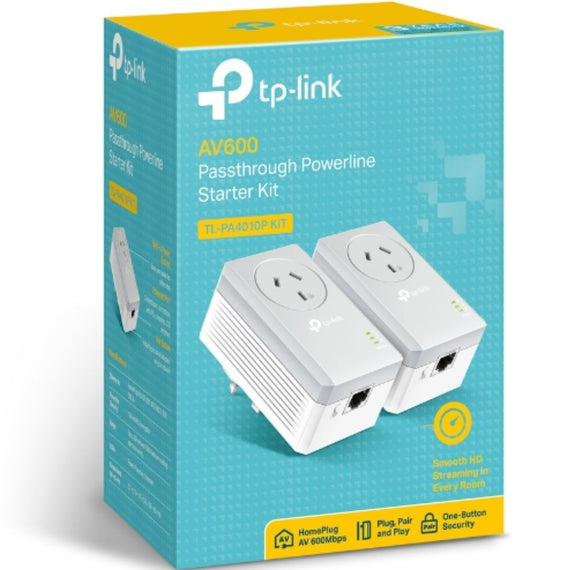 TP-Link TL-PA4010P KIT AV600 Powerline Adapter with AC Pass Through Starter Kit 600Mbps HomePlug AV 1x100Mbps LAN Power Socket 300m ~TL-PA4016P KIT - Leader Electronics