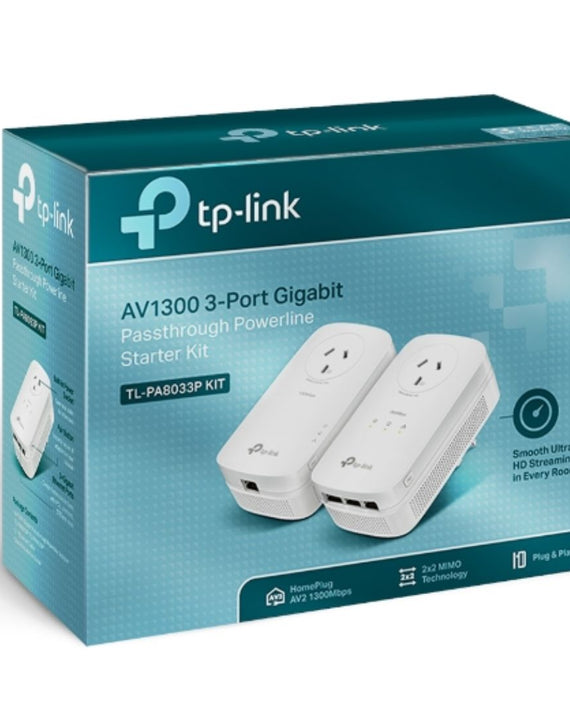 TP-Link TL-PA8033P KIT AV1300 Passthrough Powerline KIT, Qualcomm, 3 Gigabit Ports, 1300Mbps Powerline, 2*2 MIMO, HomePlug AV2, New PLC Utility, Twin - Leader Electronics