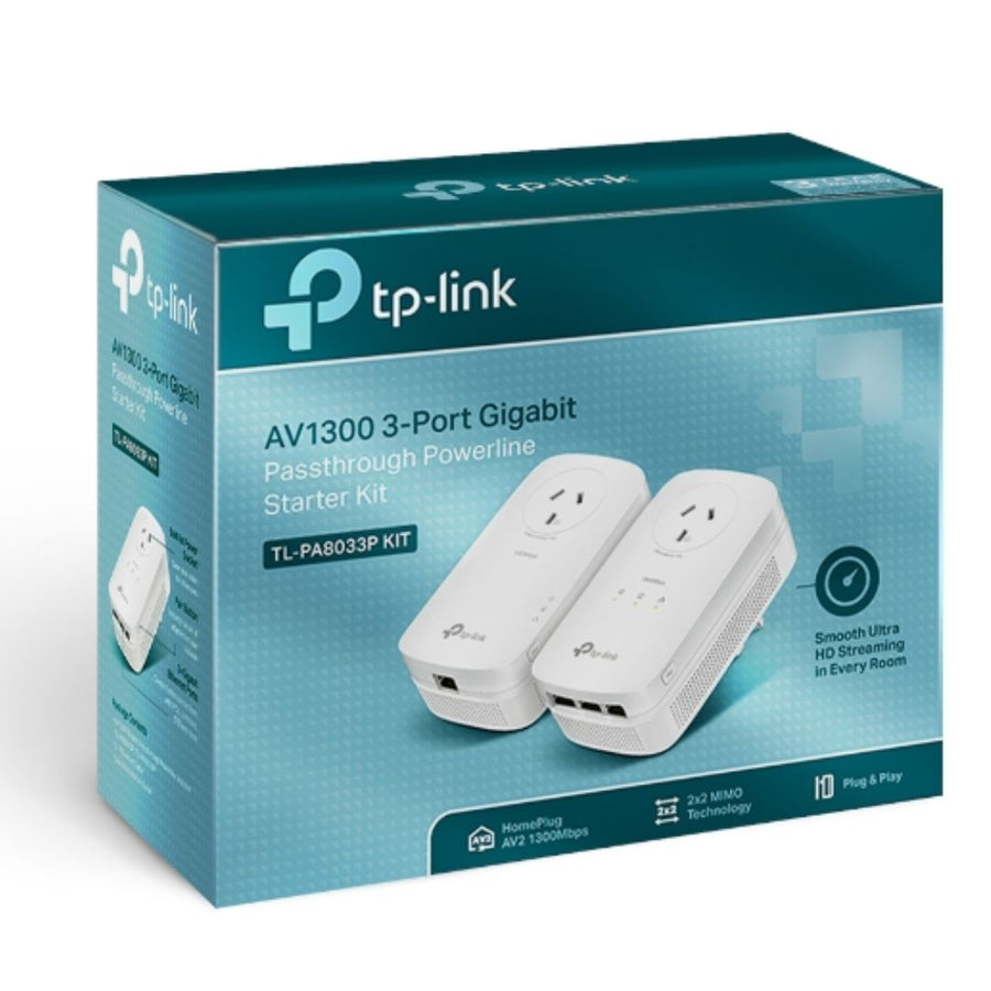 TP-Link TL-PA8033P KIT AV1300 Passthrough Powerline KIT, Qualcomm, 3 Gigabit Ports, 1300Mbps Powerline, 2*2 MIMO, HomePlug AV2, New PLC Utility, Twin - Leader Electronics