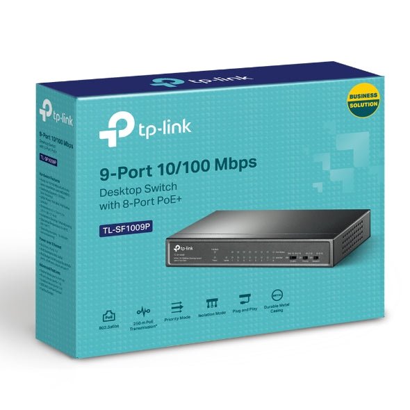 TP-Link TL-SF1009P 9-Port 10/100Mbps Desktop Switch with 8-Port PoE+, Up to 65W for 8 PoE ports, Up to 30W for each PoE port - Leader Electronics
