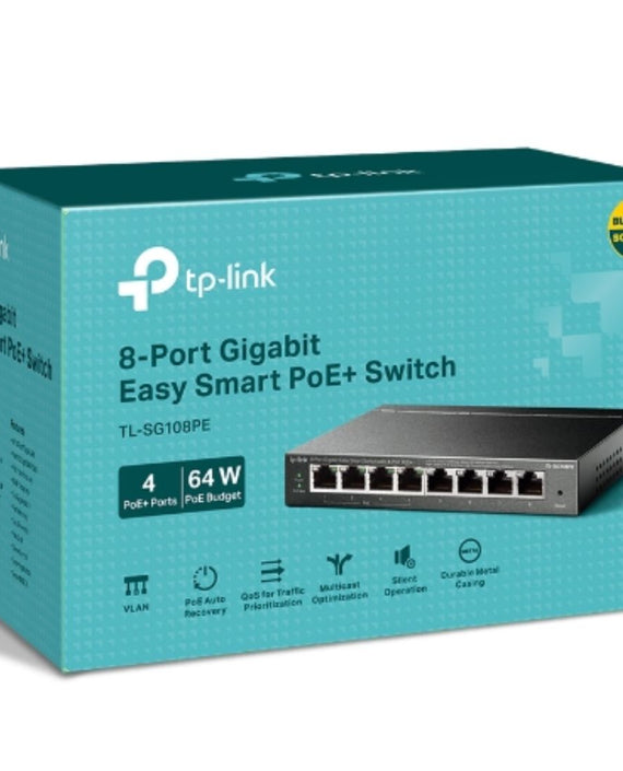 TP-Link TL-SG108PE 8-Port Gigabit Easy Smart Switch with 4-Port PoE, 55W IEEE 802.3af, Fanless, VLAN Features - Leader Electronics