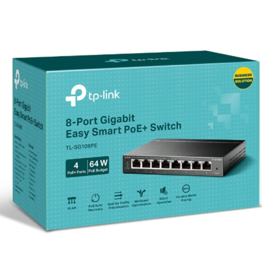 TP-Link TL-SG108PE 8-Port Gigabit Easy Smart Switch with 4-Port PoE, 55W IEEE 802.3af, Fanless, VLAN Features - Leader Electronics
