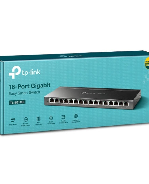 TP-Link TL-SG116E 16-Port Gigabit Unmanaged Pro Switch Desktop/Wall Mounting L2 Features 32xVLAN 32Gbps Capacity 23.81Mpps 8K MAC 4.1Mb Buffer Fanless - Leader Electronics