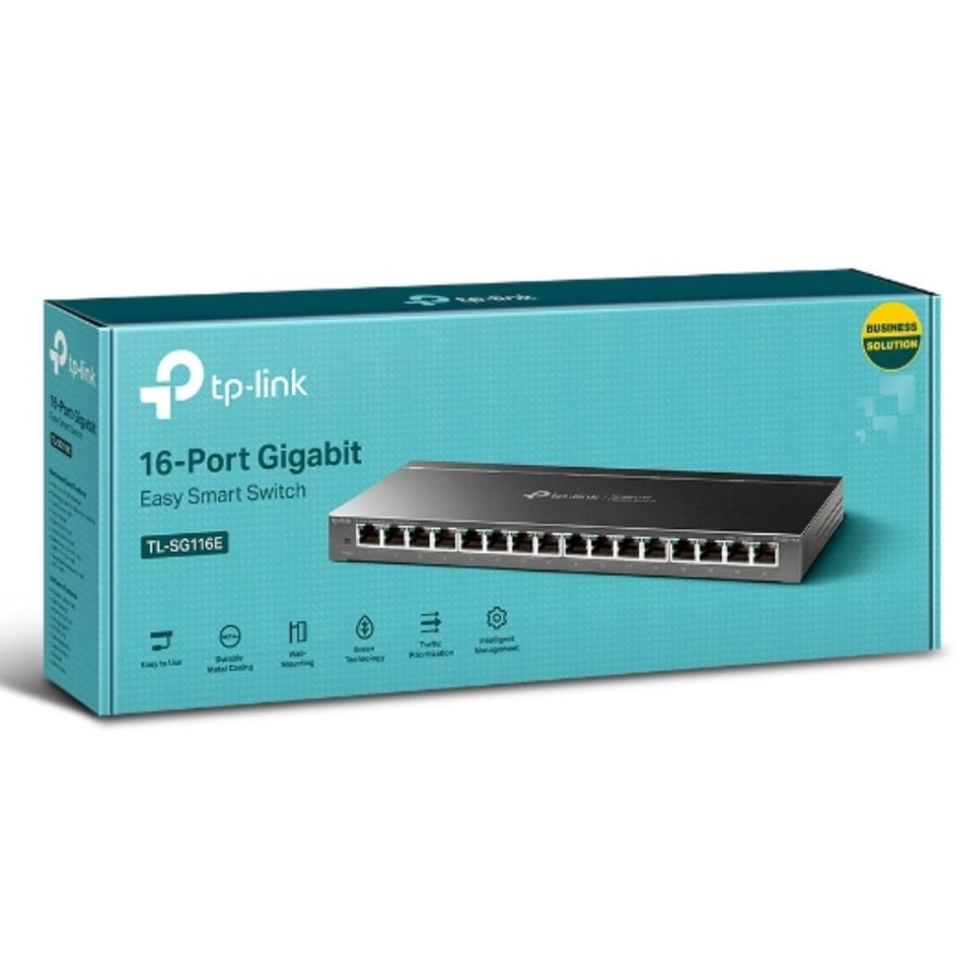 TP-Link TL-SG116E 16-Port Gigabit Unmanaged Pro Switch Desktop/Wall Mounting L2 Features 32xVLAN 32Gbps Capacity 23.81Mpps 8K MAC 4.1Mb Buffer Fanless - Leader Electronics
