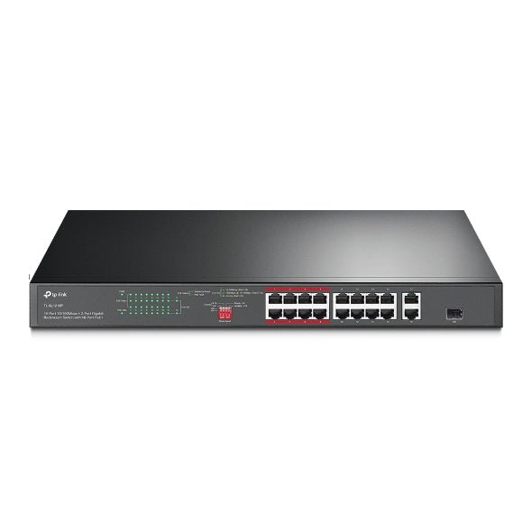 TP-Link TL-SL1218P 16-Port 10/100 Mbps + 2-Port Gigabit Rackmount Switch with 16-Port PoE+, Up to 150W for all PoE ports, Up to 30W for each PoE port - Leader Electronics