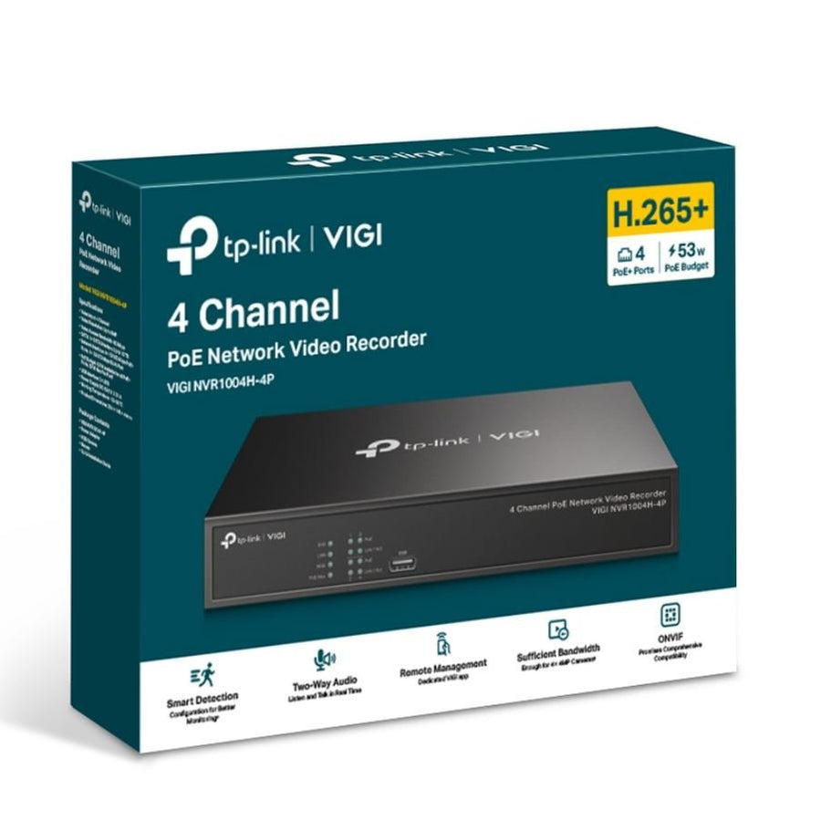 TP-Link VIGI NVR1004H-4P 4 Channel PoE+ Network Video Recorder, 24/7 Continuous Recording, 4K HDMI Video Output & 16MP Decoding (HDD Not Included) - Leader Electronics