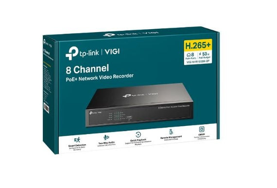 TP-Link VIGI NVR1008H-8P 8 Channel PoE+ Network Video Recorder, 53W PoE Budget, H.265+, 4K Video Output & 16MP Decoding Capacity (HDD Not Included) - Leader Electronics