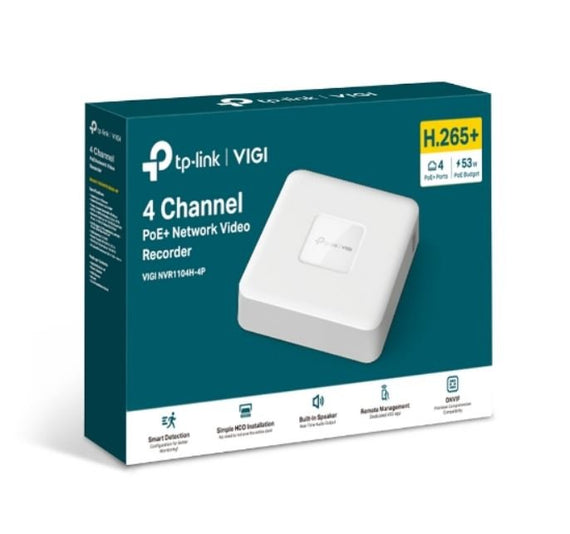 TP-Link VIGI NVR1104H-4P 4 Channel PoE+ Network Video Recorder, 24/7 Continuous Recording, 4K HDMI Video Output & 16MP Decoding (HDD Not Included) - Leader Electronics