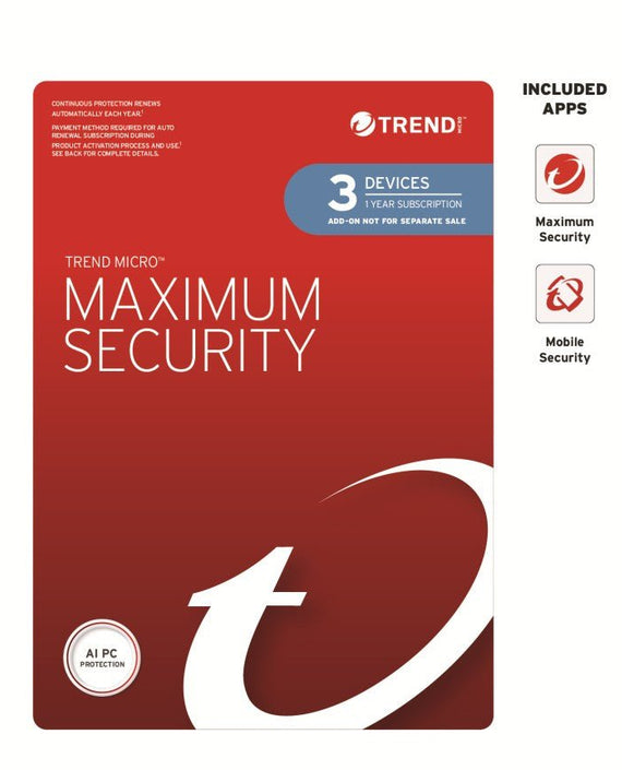 Trend Micro Maximum Security Plus (3 Devices) 1 Year Add-on Auto Renew OEM (Plus = Secure VPN / Cleaner Pro) - Leader Electronics