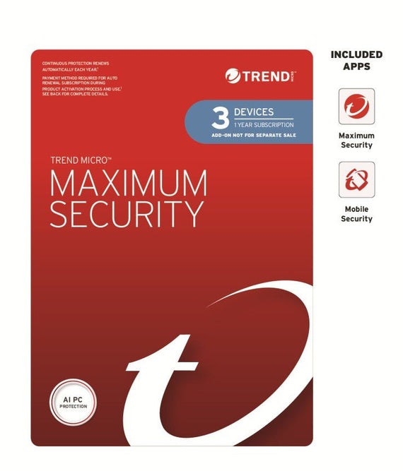 Trend Micro Maximum Security Plus (3 Devices) 1 Year Add-on Auto Renew OEM (Plus = Secure VPN / Cleaner Pro) - Leader Electronics