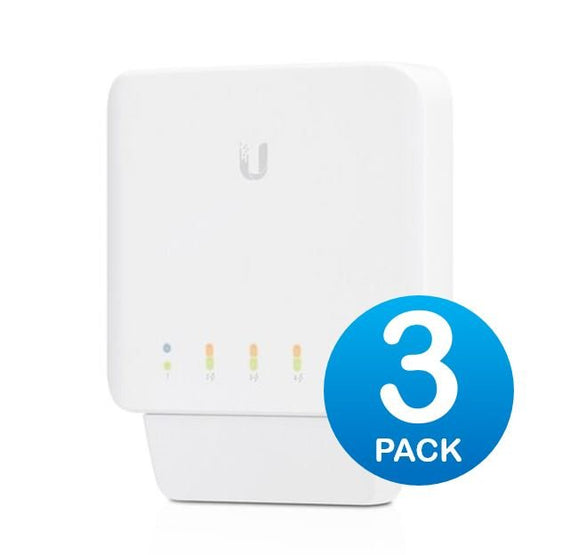 Ubiquiti USW Flex 3 Pack- Managed, Layer 2 Gigabit switch with auto-sensing 802.3af PoE support. 1x PoE In, 4x PoE Out, - Leader Electronics