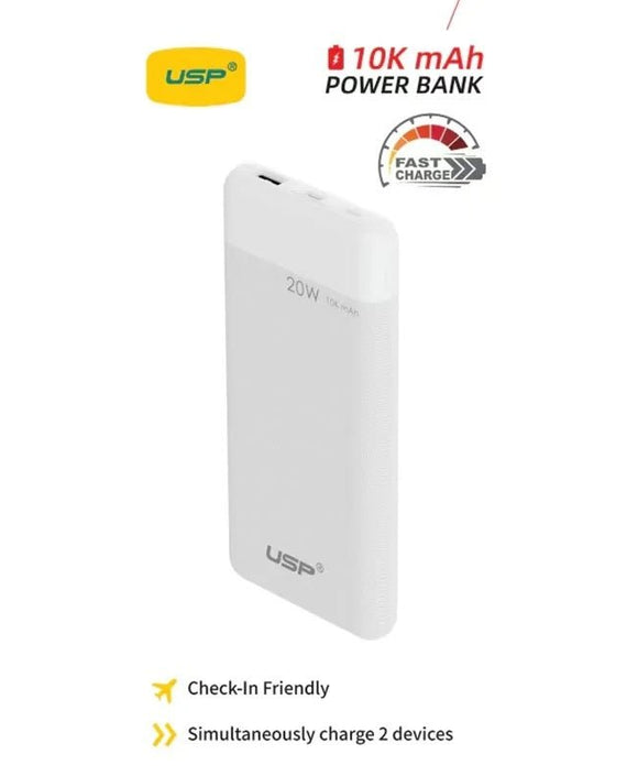 USP 10K mAh Power Bank White - 20W Fast Charge, 2 USB-Outputs, 1x USB-C, 1x USB-A, Indicator Light, Safer Charging,Large Compatibility,2 Year Warranty - Leader Electronics