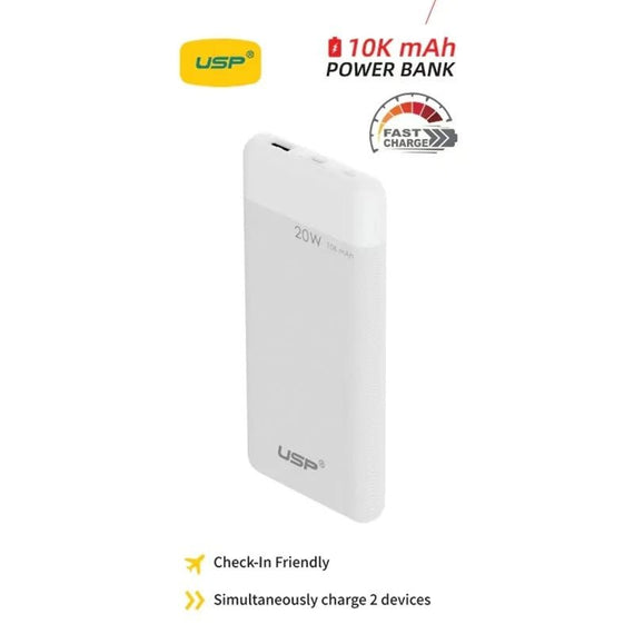 USP 10K mAh Power Bank White - 20W Fast Charge, 2 USB-Outputs, 1x USB-C, 1x USB-A, Indicator Light, Safer Charging,Large Compatibility,2 Year Warranty - Leader Electronics