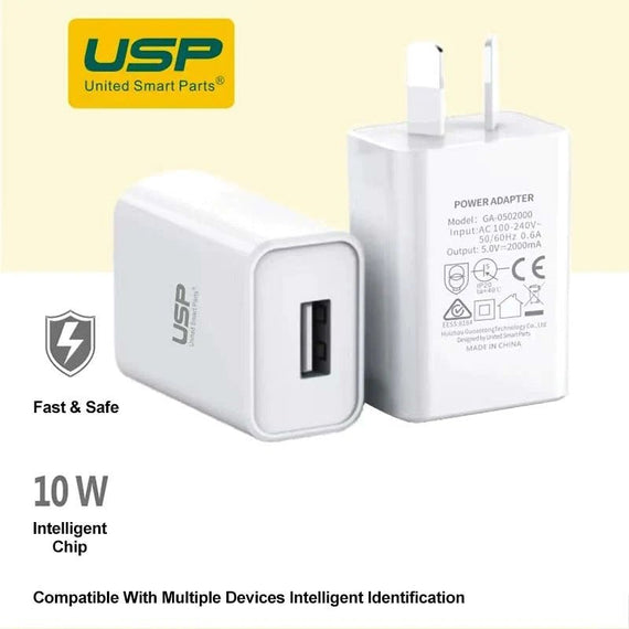 USP 10W USB-A Fast Wall Charger White - Intelligent Chip, Smart Charging, Output Voltage DC5V/3A, Output Current 2A max, 2 Years Warranty - Leader Electronics
