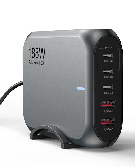 USP 188W Five Ports USB-C PD GaN Wall Charger Black - 3x USB-C, 2x USB-A, Efficient, High Quality, Tablet, Laptop,Watch, iPhone, 2 Year Warranty - Leader Electronics
