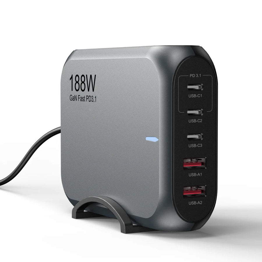 USP 188W Five Ports USB-C PD GaN Wall Charger Black - 3x USB-C, 2x USB-A, Efficient, High Quality, Tablet, Laptop,Watch, iPhone, 2 Year Warranty - Leader Electronics