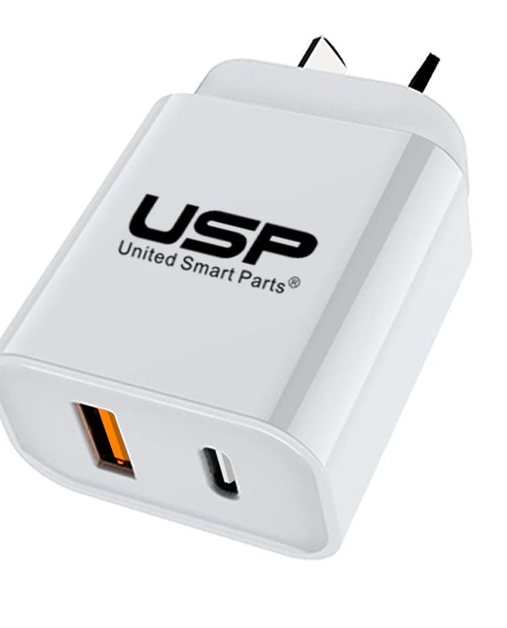 USP 20W Dual Port (20W USB-C PD + 18W USB-A QC3.0) Fast Wall Charger White - Safe Charge,Charge 2 Devices Simultaneously,Short-Circuit Protection - Leader Electronics