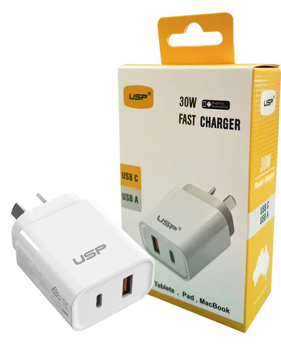 USP 30W Dual Ports (USB-C PD + USB-A QC3.0) Fast Wall Charger - Safe Charge,Compact, Travel Ready, Charge 2 Devices Simultaneously, 2 Years Warranty - Leader Electronics