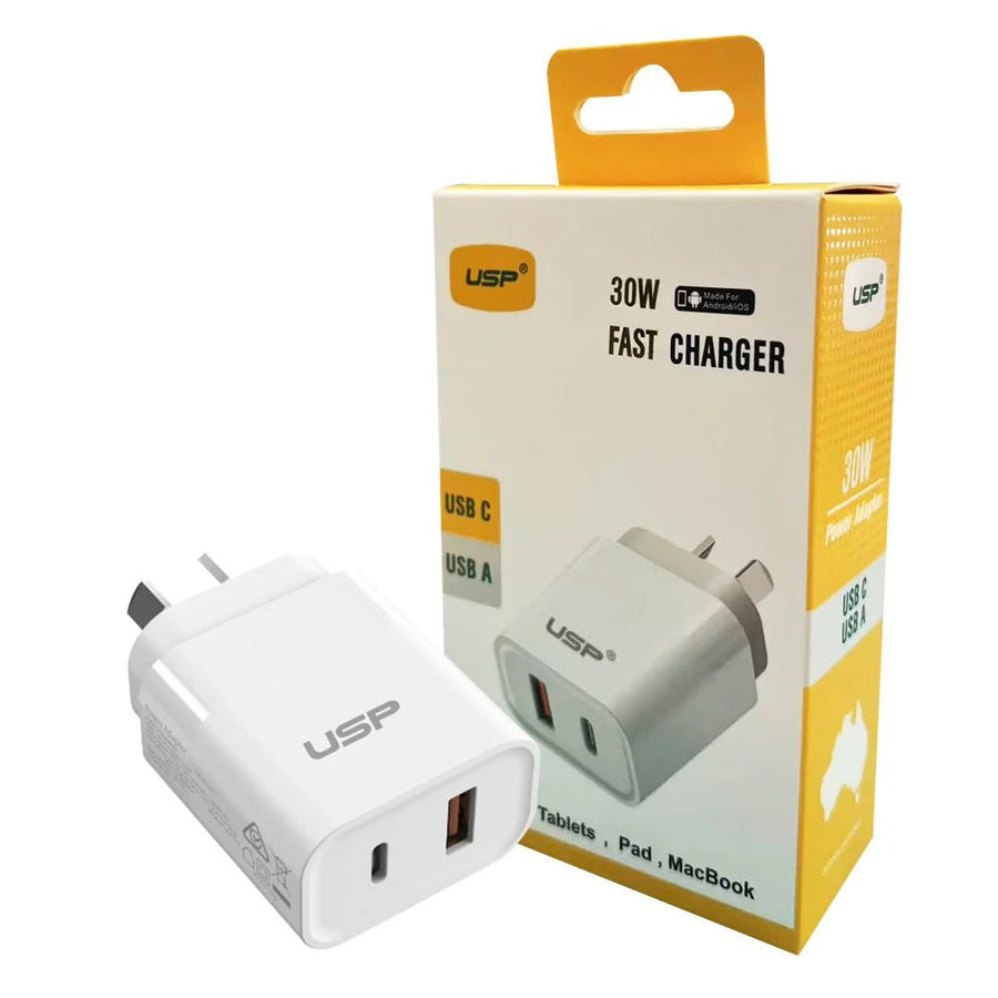USP 30W Dual Ports (USB-C PD + USB-A QC3.0) Fast Wall Charger - Safe Charge,Compact, Travel Ready, Charge 2 Devices Simultaneously, FireProof Material - Leader Electronics