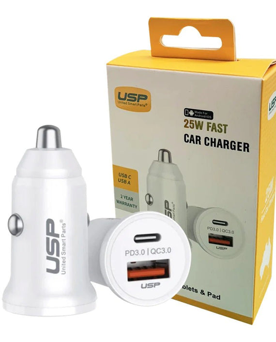 USP 43W Dual Port Fast Car Charger - White, 1xUSB-C(25W), 1xUSB-A(18W QC 3.0), Compact & Lightweight, 5 Years Warranty - Leader Electronics