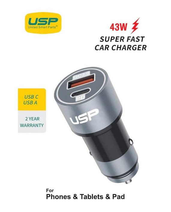 USP 43W Dual Port (USB-C 25W PD + USB-A 18W QC3.0) Fast Car Charger Silver - Dual USB Quick Charge, Inteligent Charging,Short-Circuit Protection,Safe - Leader Electronics