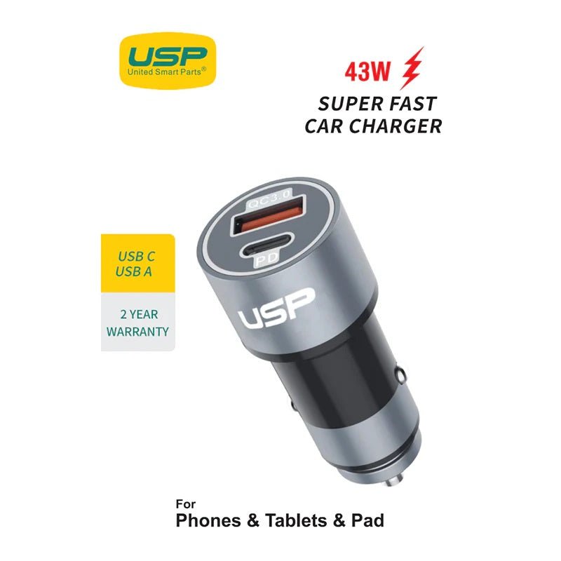 USP 43W Dual Port (USB-C 25W PD + USB-A 18W QC3.0) Fast Car Charger Silver - Dual USB Quick Charge, Inteligent Charging,Short-Circuit Protection,Safe - Leader Electronics