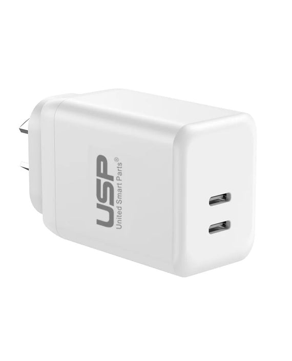 USP 45W Dual Ports USB-C PD GaN Wall Charger White - Charge Two Device Simultaneously, Smart & Reliable, Compact Design, 2 Years Warranty - Leader Electronics