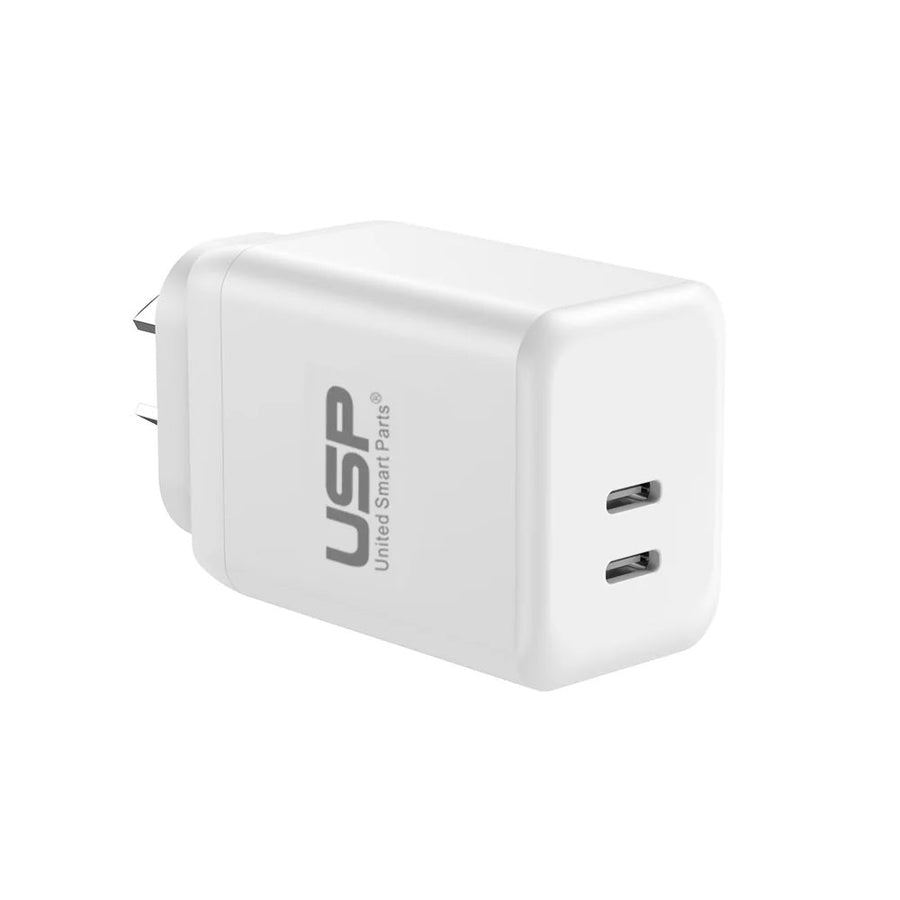USP 45W Dual Ports USB-C PD GaN Wall Charger White - Charge Two Device Simultaneously, Smart & Reliable, Compact Design - Leader Electronics