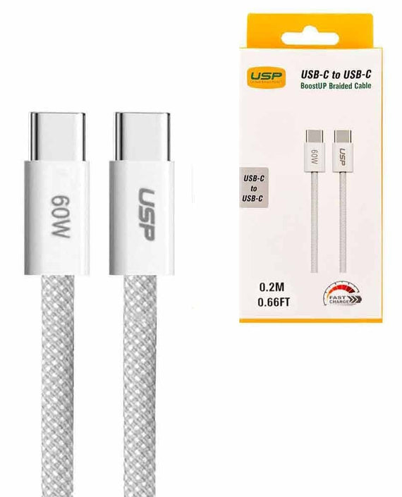 USP boostUp Braided USB-C to USB-C Cable (0.2M) - White, 3A/60W, 480Mbps, 40K+ Bends, Safe & Fast, Apple iPhone, Samsung Galaxy, 2 Years Warranty - Leader Electronics