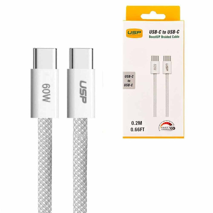 USP boostUp Braided USB-C to USB-C Cable (0.2M) - White, 3A/60W, 480Mbps, 40K+ Bends, Safe & Fast, Apple iPhone, Samsung Galaxy, 2 Years Warranty - Leader Electronics