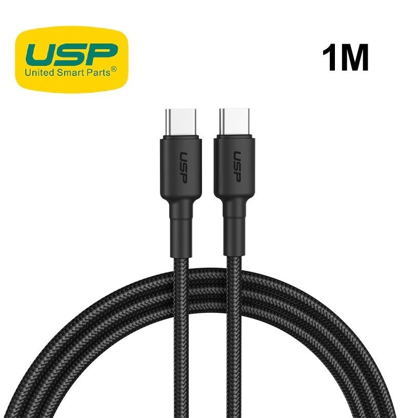 USP BoostUp Braided USB-C to USB-C Cable (1M) Black -3A Fast & Safe Charge,Strong & Durable,Samsung Galaxy,Apple iPhone,iPad,MacBook,Google,OPPO,Nokia - Leader Electronics