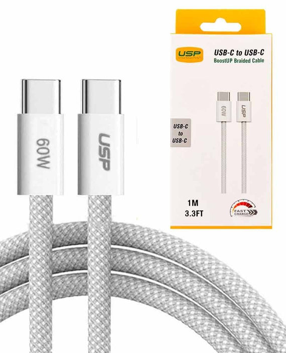 USP boostUp Braided USB-C to USB-C Cable (1M) - White, 3A/60W, 480Mbps, 40K+ Bends, Solid & Durable, Apple iPhone, Samsung Galaxy, 2 Years Warranty - Leader Electronics
