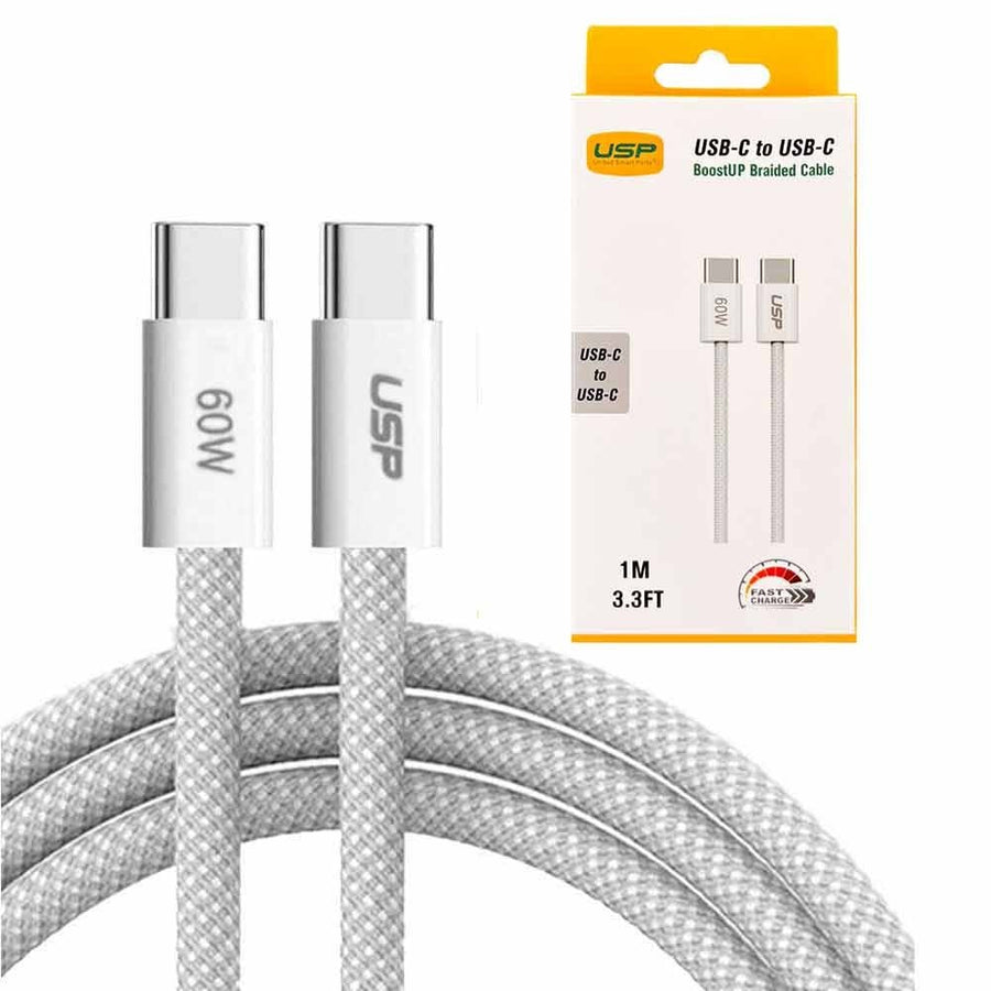 USP boostUp Braided USB-C to USB-C Cable (1M) - White, 3A/60W, 480Mbps, 40K+ Bends, Solid & Durable, Safe & Fast, Apple iPhone, Samsung Galaxy - Leader Electronics