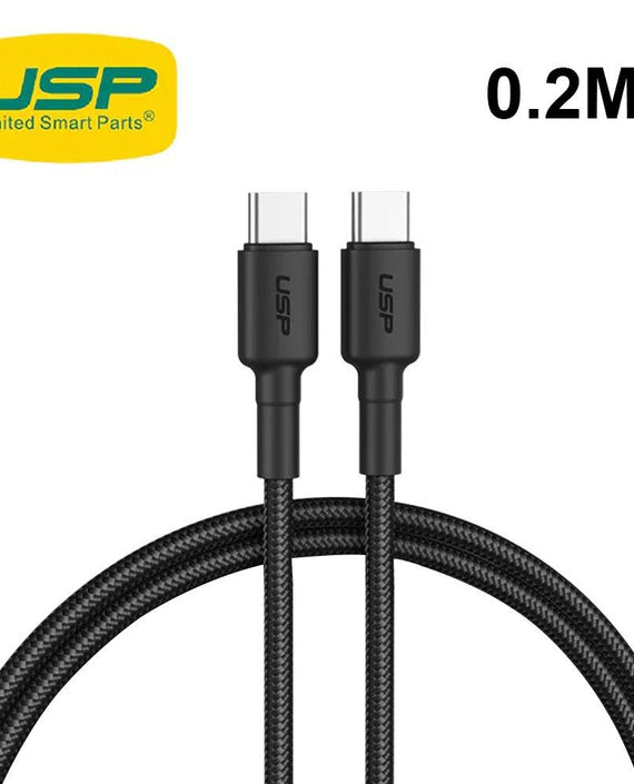 USP BoostUp Braided USB-C to USB-C Cable (20cm) Black-3A/60W, Fast & Safe Charge,Samsung Galaxy,Apple iPhone,iPad,MacBook,Google,OPPO,2 Years Warranty - Leader Electronics