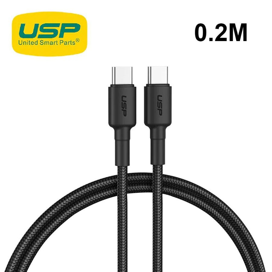 USP BoostUp Braided USB-C to USB-C Cable (20cm) Black-3A/60W, Fast & Safe Charge,Samsung Galaxy,Apple iPhone,iPad,MacBook,Google,OPPO,2 Years Warranty - Leader Electronics