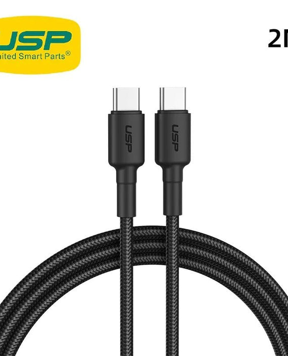 USP BoostUp Braided USB-C to USB-C Cable (2M) Black -3A/60W, Fast & Safe Charge,Samsung Galaxy,Apple iPhone,iPad,MacBook,Google,OPPO, 2 Years Warranty - Leader Electronics