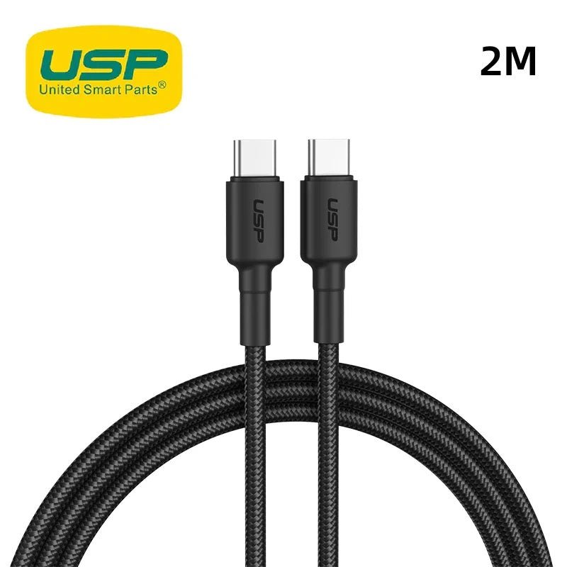 USP BoostUp Braided USB-C to USB-C Cable (2M) Black -3A/60W, Fast & Safe Charge,Samsung Galaxy,Apple iPhone,iPad,MacBook,Google,OPPO, 2 Years Warranty - Leader Electronics